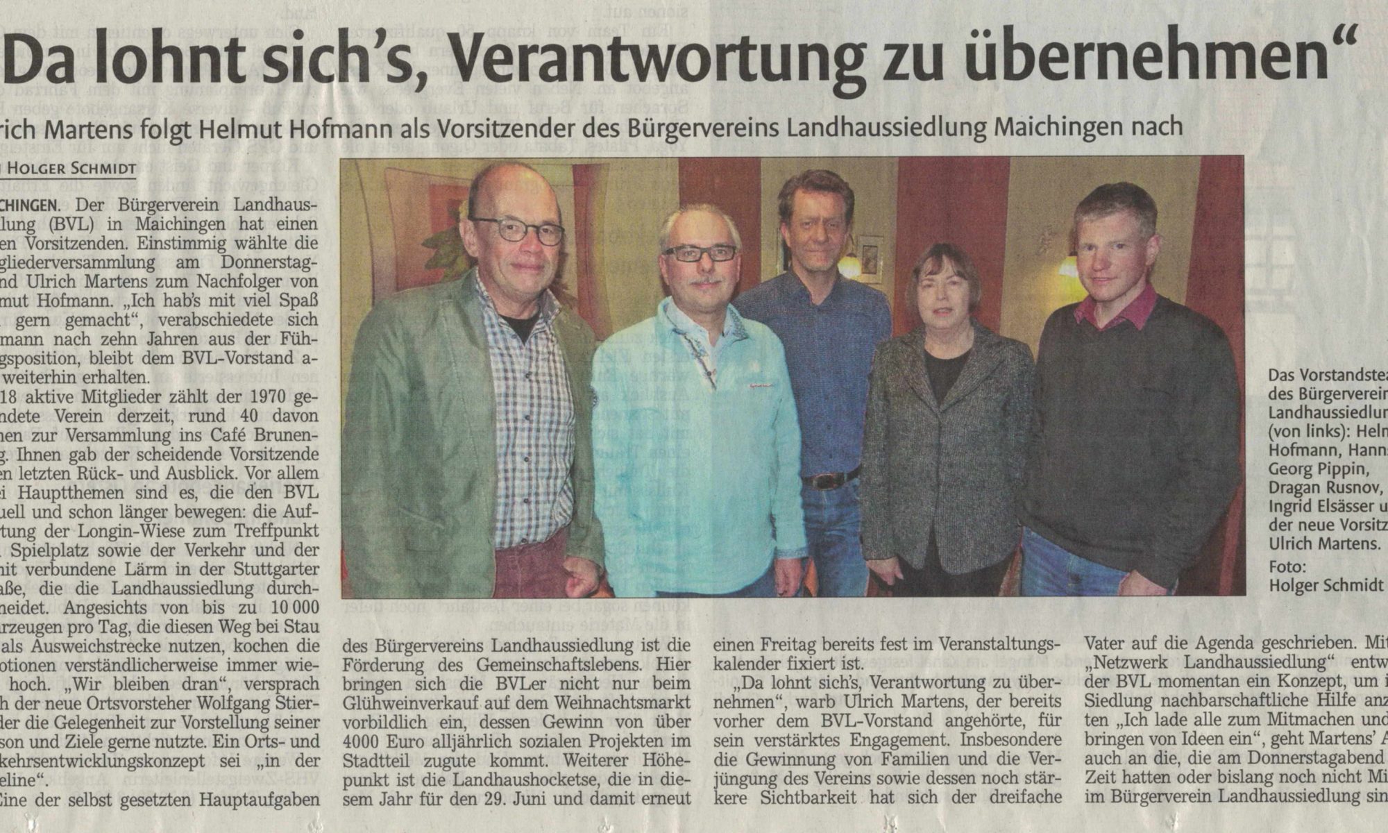 Bewährtes Vorstandsteam des Bürgerverein Landhaussiedlung Maichingen e.V. (BVL): Helmut Hofmann, Hanns-Georg Pipping, Dragan Rusnov, Ingrid Emmerich, Ulrich Martens; Nicht im Bild: Kristian Günther