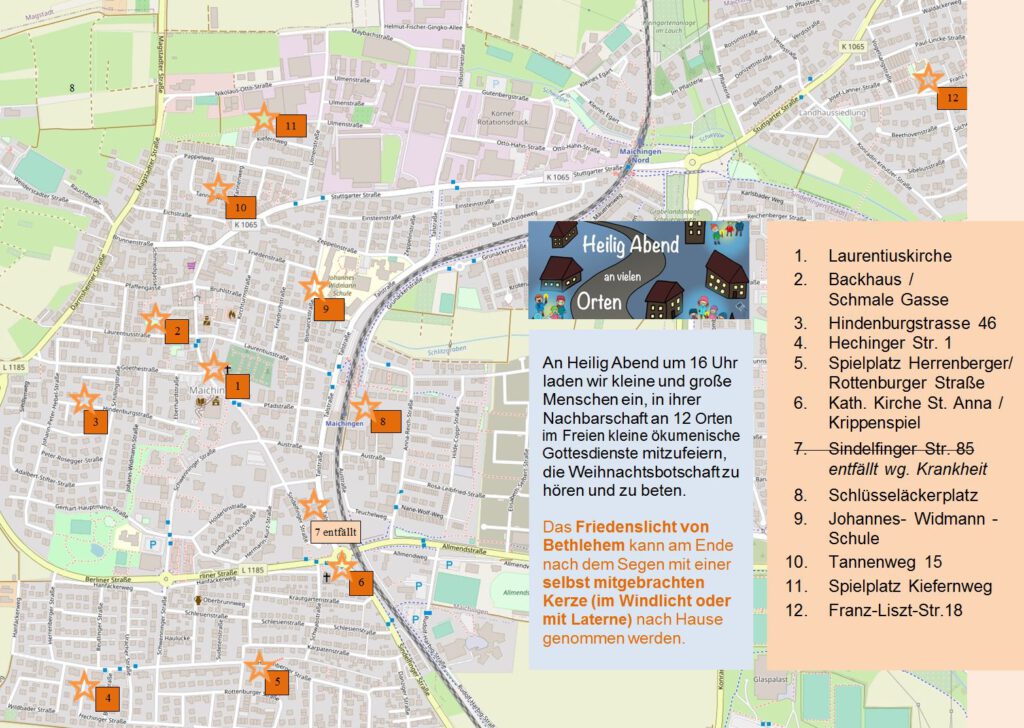 Heilig Abend an verschiedenen Orten in Maichingen 2023 (Lageplan)